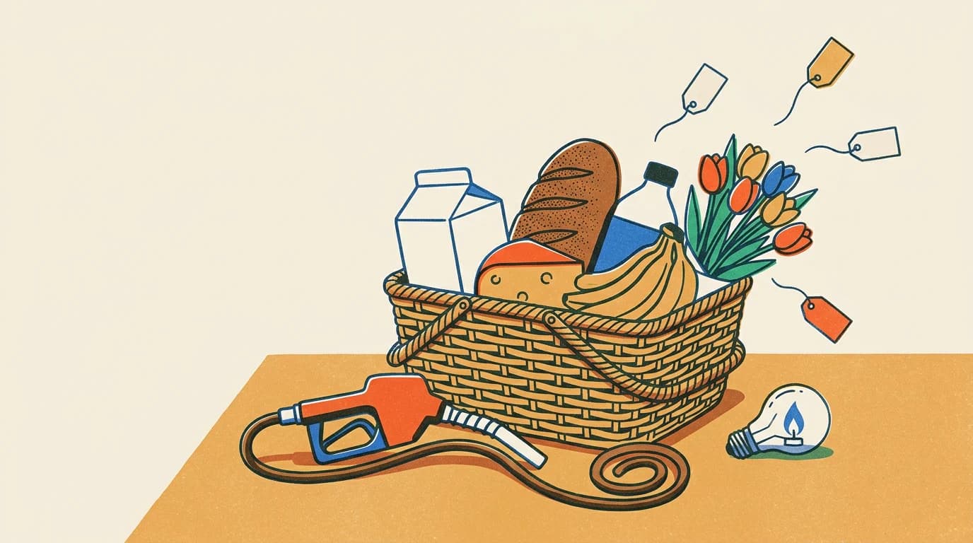 Boodschappenmand met melk, brood, kaas en tulpen naast een tankpistool en een gloeilamp met gasvlam